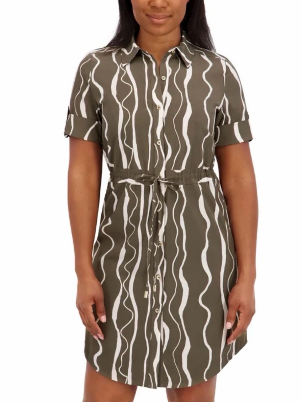 Halston‎ Women's 2XL Short Sleeve Dress Green Ivory Cinch Waist Above Knee Mint
